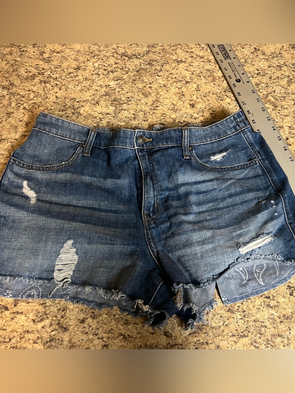 aerie Distressed Blue Denim Cutoff elastic waist bandana paisley pocket Shorts L